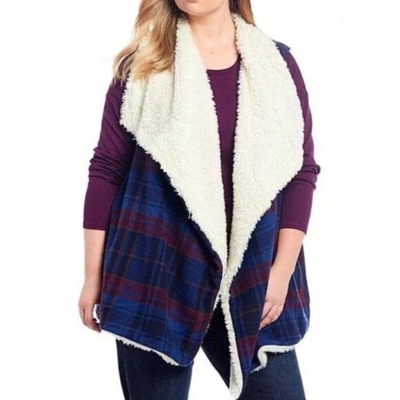 Westbound Wrap Vest Blue Plaid Sherpa Lines Size 1X - Picture 1 of 7